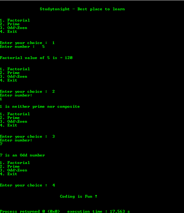 C Menu Driven Program using switch case